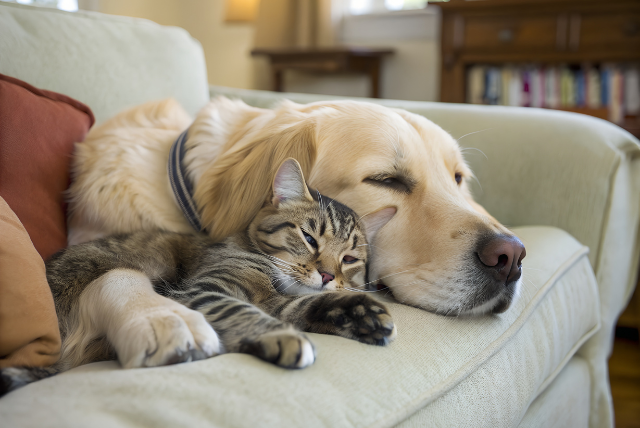 ソファで寝る猫と犬